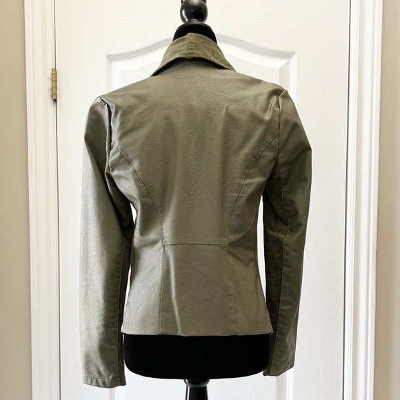 Dex Olive Green Open Front Draped Waterfall Moto Jacket Faux Leather/Suede XS - Picture 13 of 16